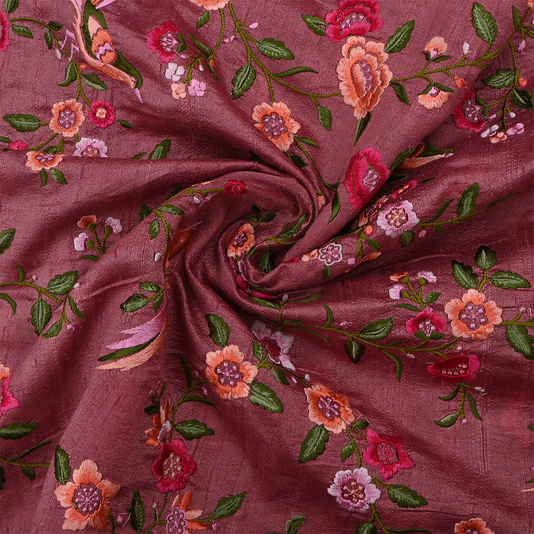 Cordovan Pinkish Red Dupion Raw Silk Embroidered Fabric