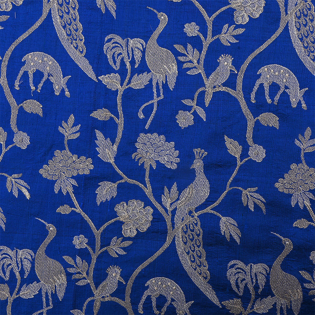 Lapis Blue Dupion Raw Silk Embroidered Fabric