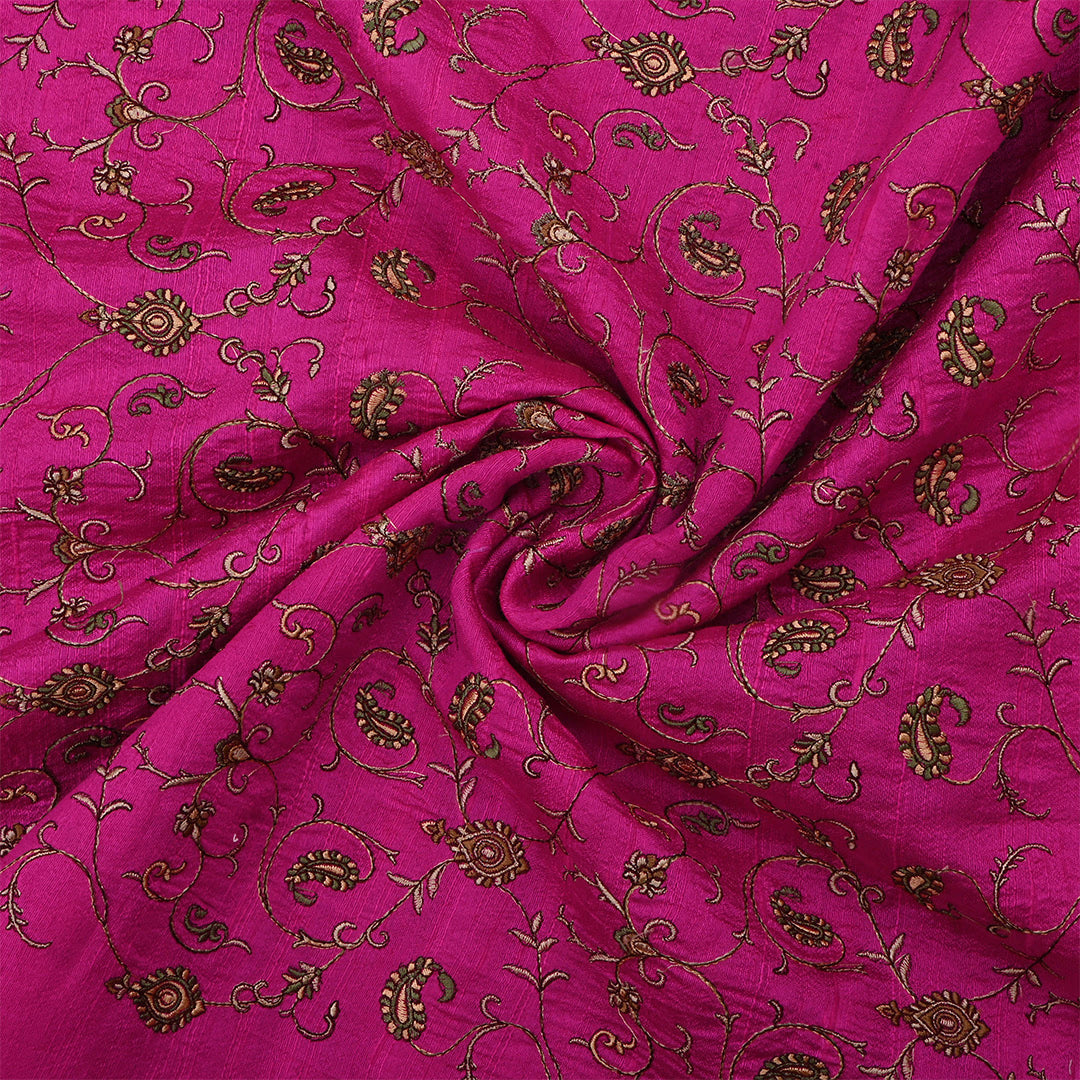 Burnt Pink Dupion Raw Silk Paisley Embroidered Fabric