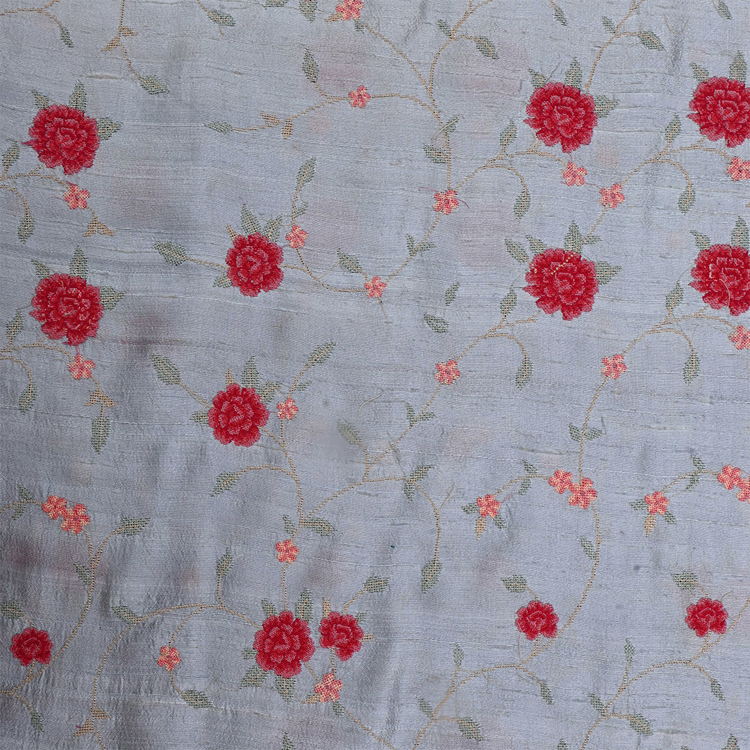 Cool Gray Dupion Tussar Petit Point Embroidered Fabric