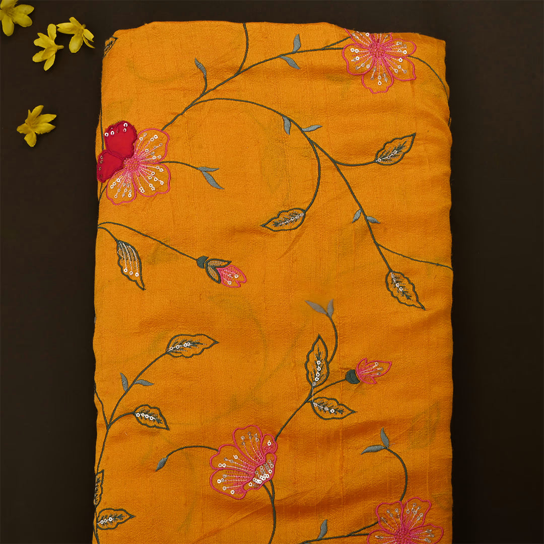 Dirty Orange Dupion Raw Silk Embroidered Fabric