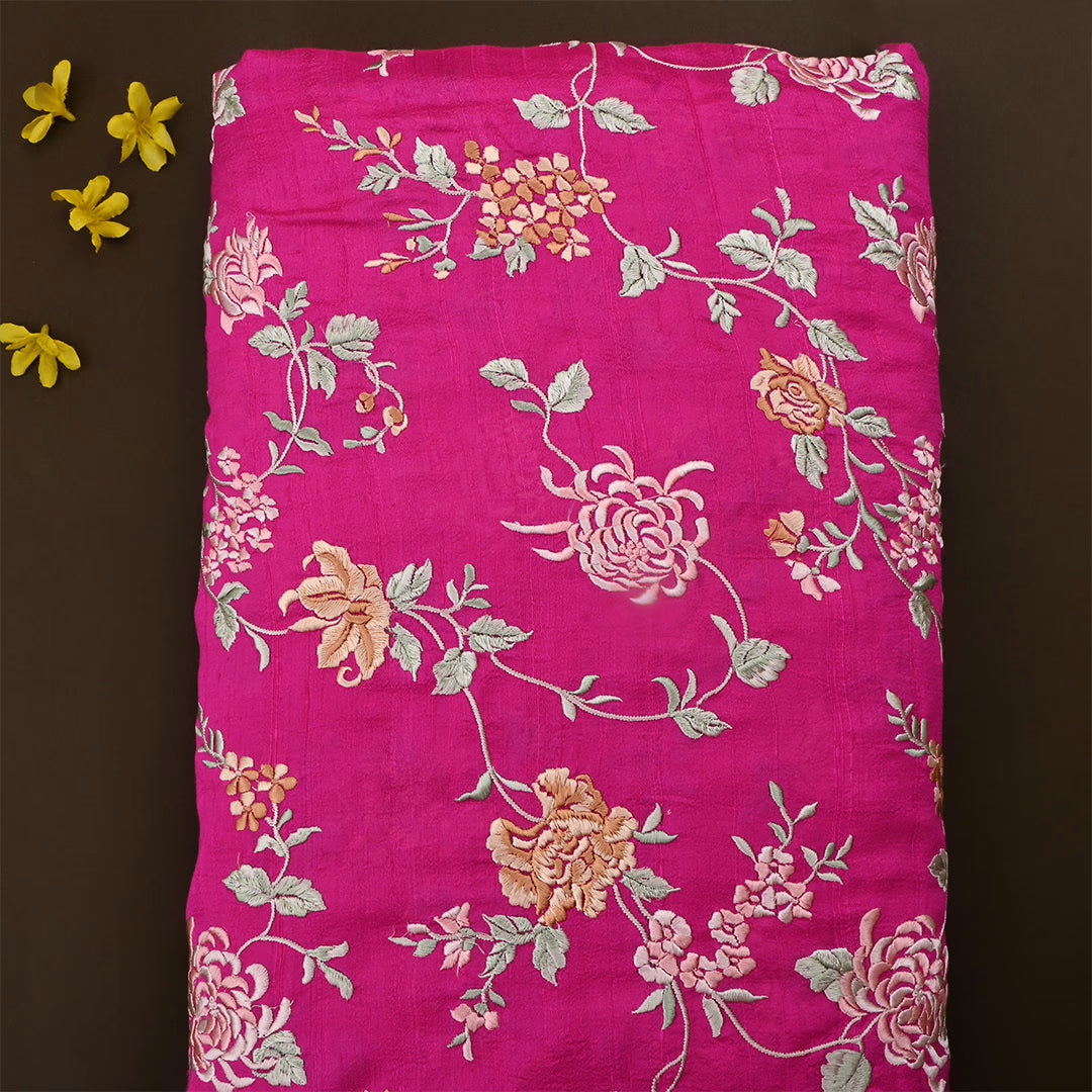 Bright Pink Dupion Raw Silk Embroidered Fabric
