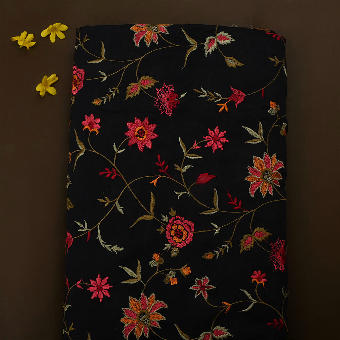 Black Dupion Raw Silk Embroidered Fabric