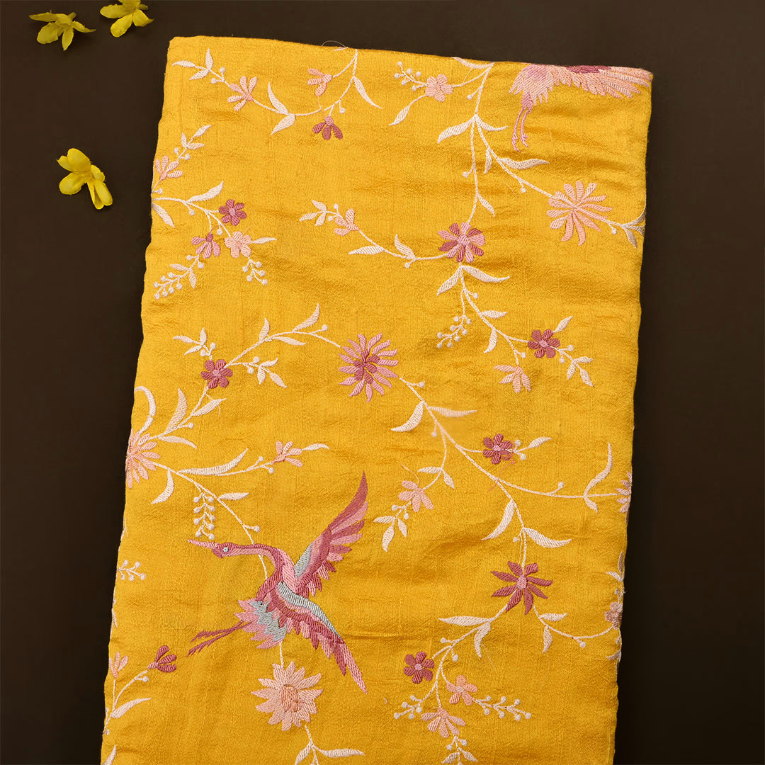 Bright Yellow Dupion Raw Silk Embroidered Fabric