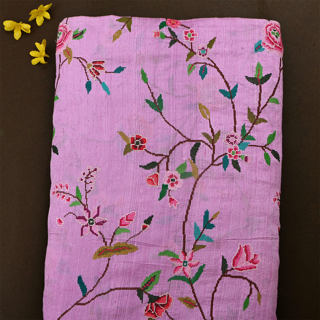 Dirty Purple Dupion Raw Silk Petit Point Embroidered Fabric