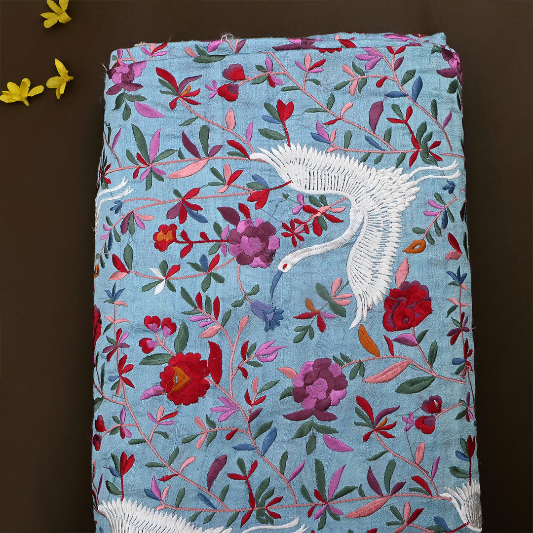 Moonstone Blue Dupion Raw Silk Embroidered Fabric