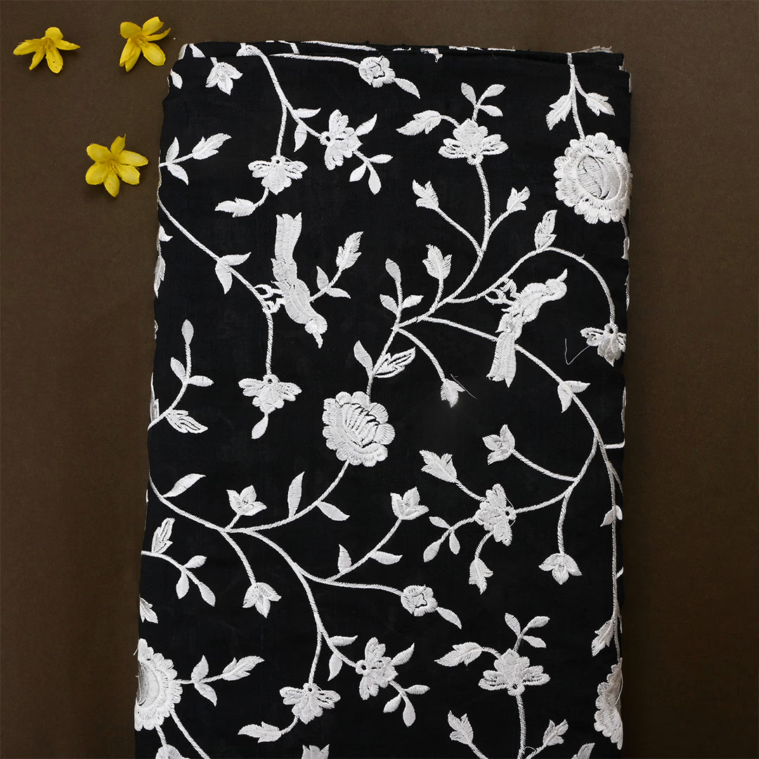 Black Dupion Raw Silk Embroidered Fabric