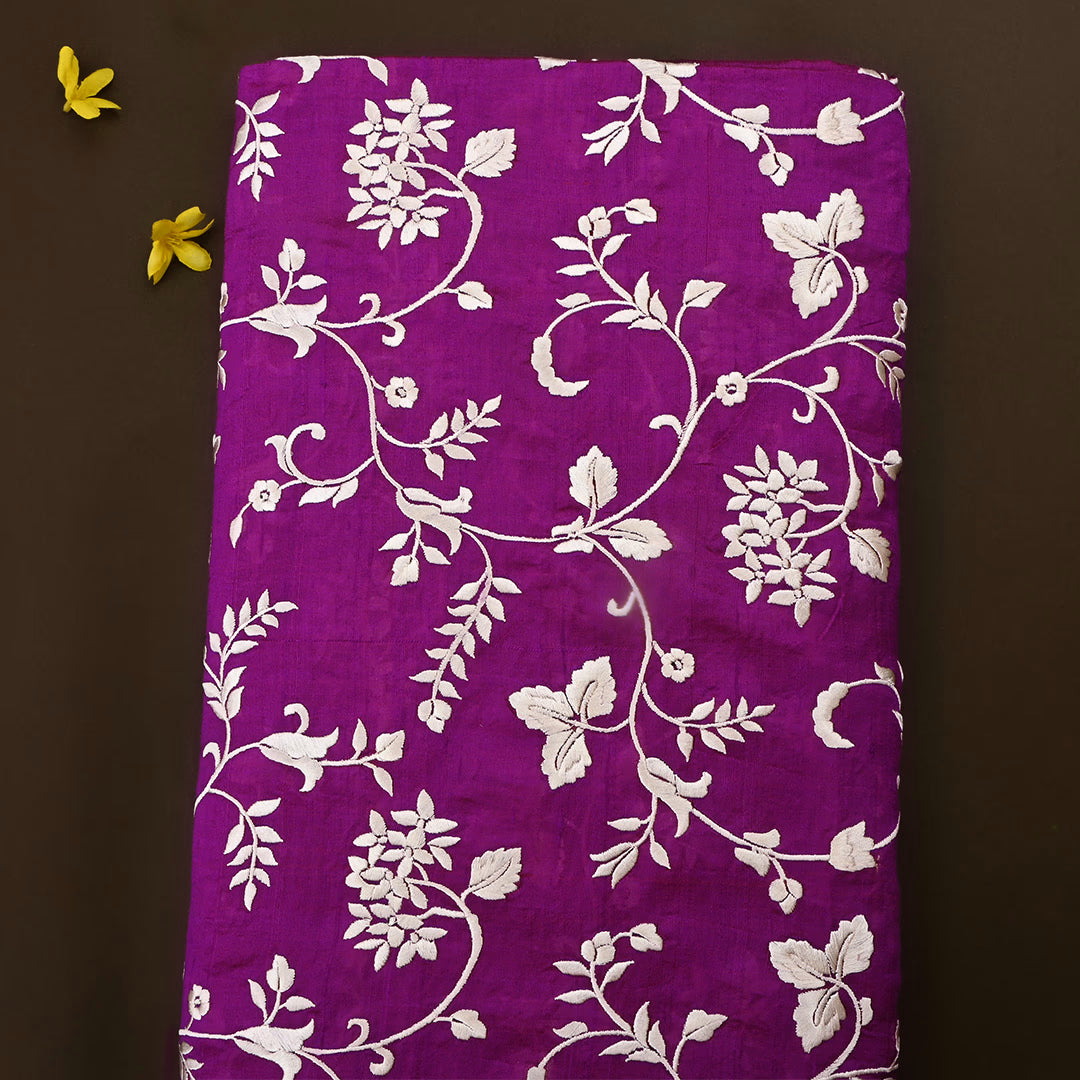 Purple Jam Dupion Raw Silk Embroidered Fabric