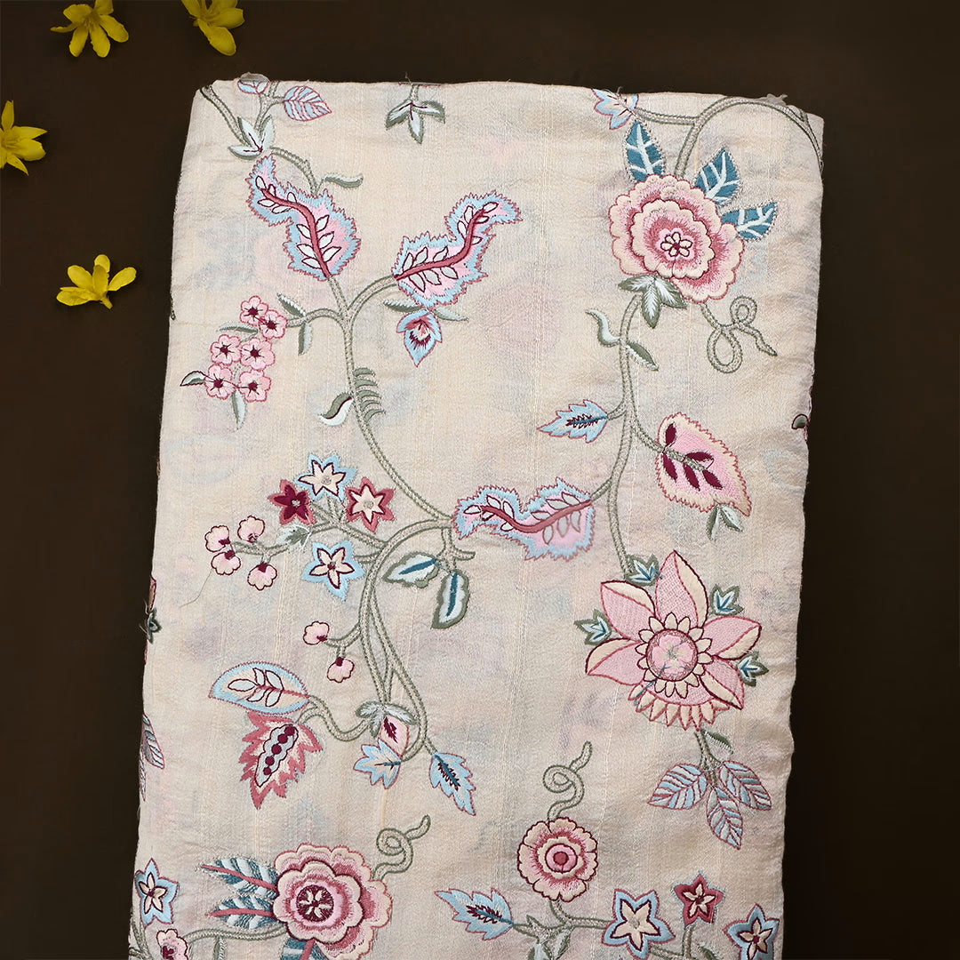 Bone Cream Dupion Raw Silk Embroidered Fabric