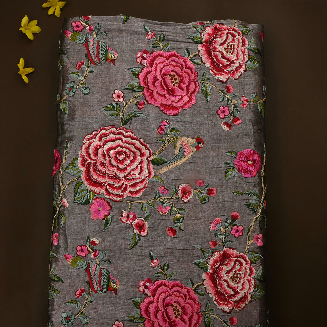 Dark Silver Tissue Floral Embroidered Fabric
