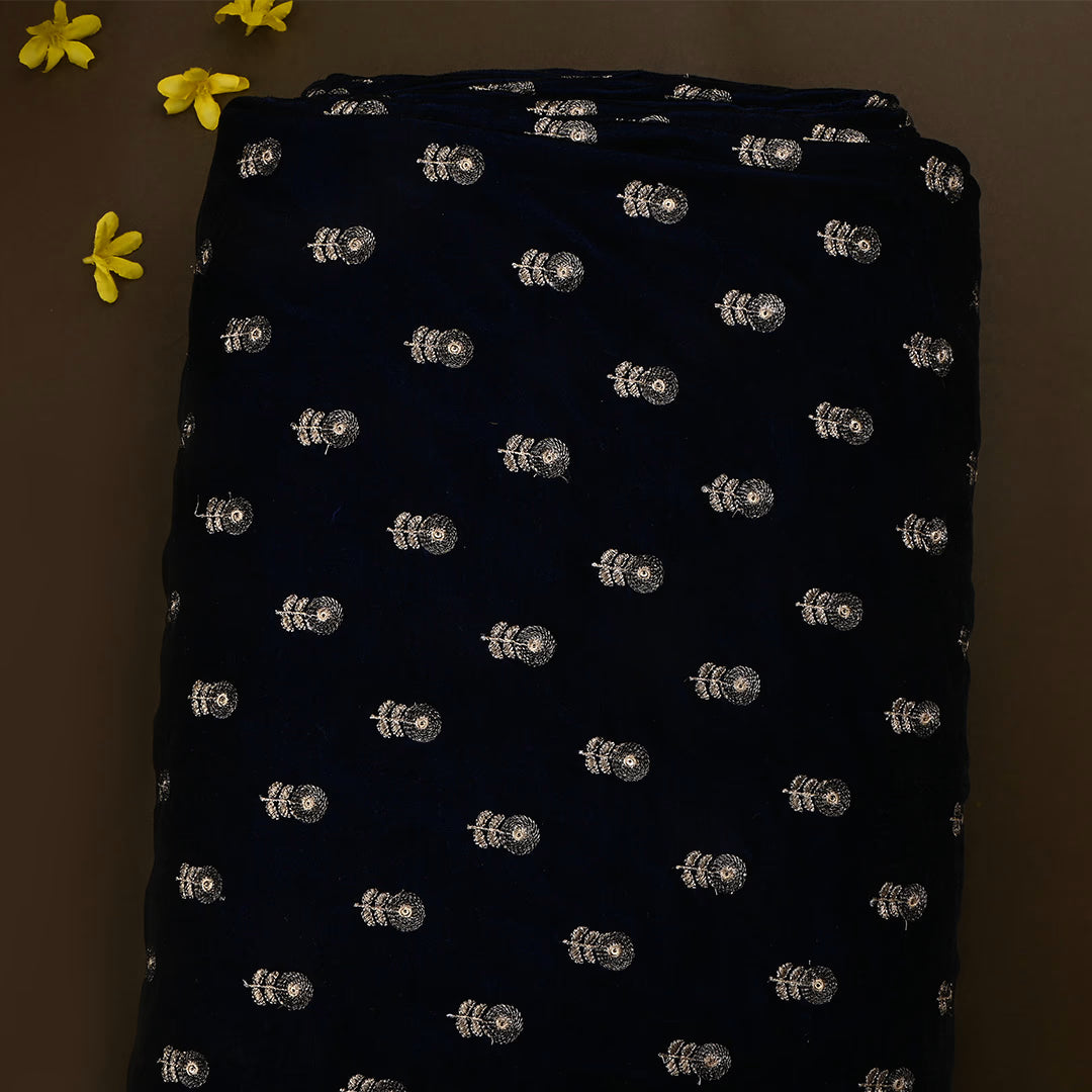 Black Velvet Zari Embroidered Fabric With Navy Blue Edge