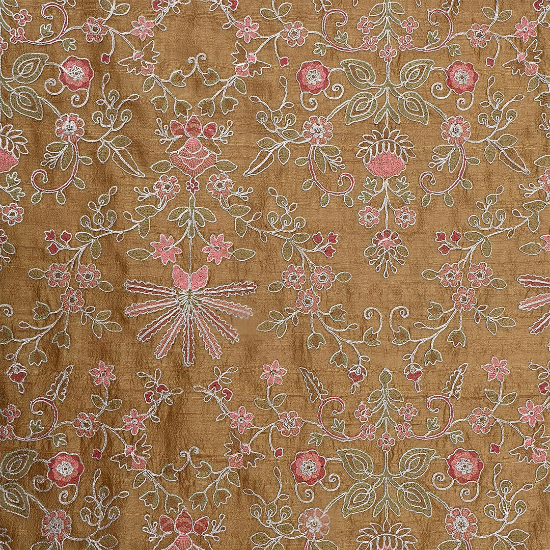 Old Copper Dupion Raw Silk Embroidered Fabric