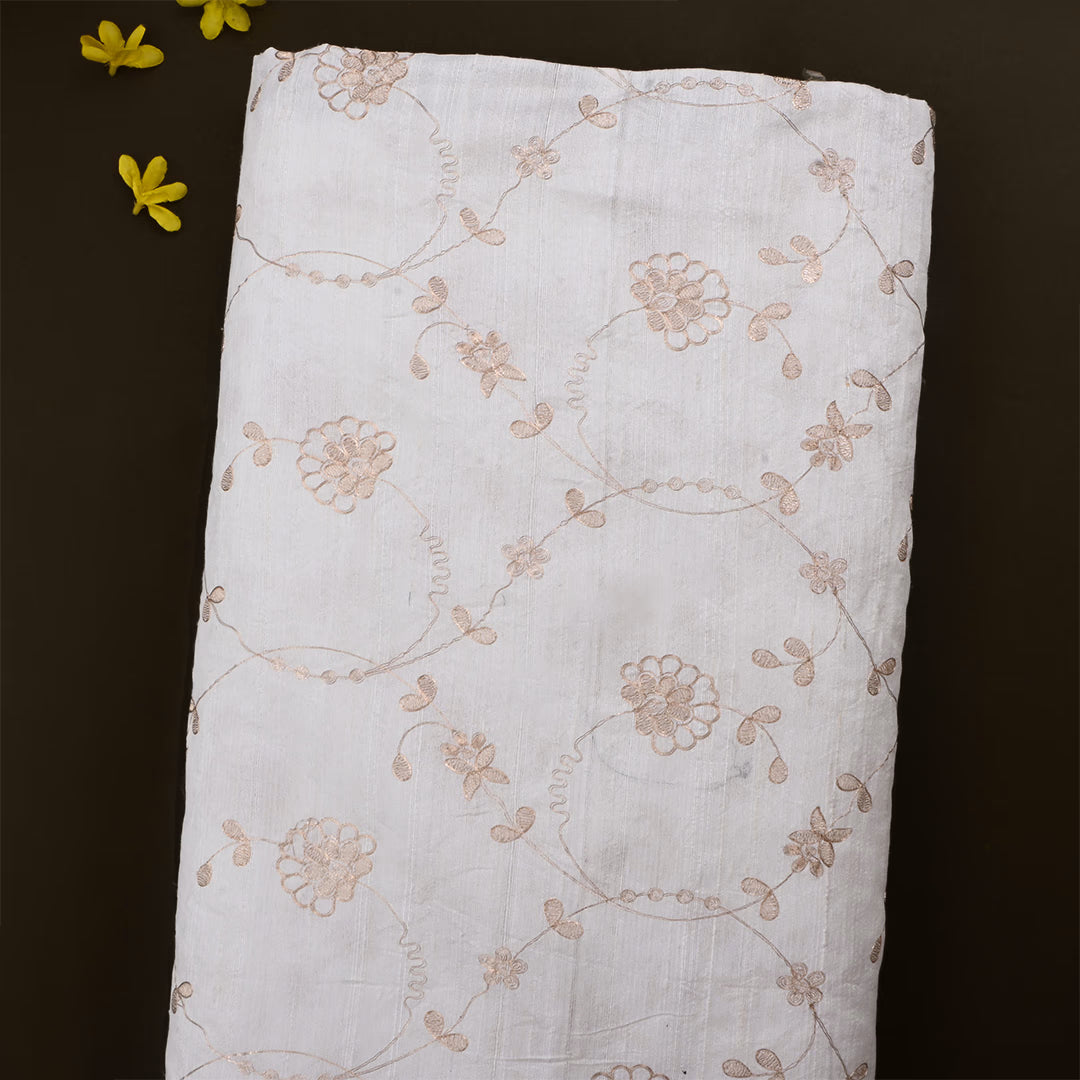 White Smoke Dupion Raw Silk Zari Embroidered Jaal Fabric