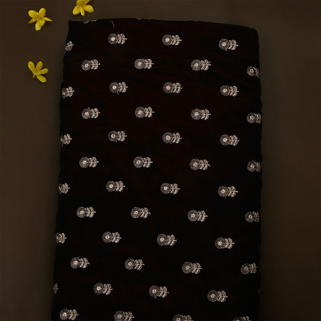 Black Velvet Zari Embroidered Fabric With Red Edge