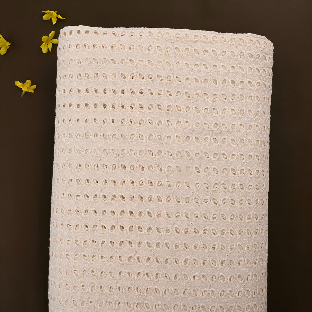 Pale Silver White Cutwork Chanderi Fabric