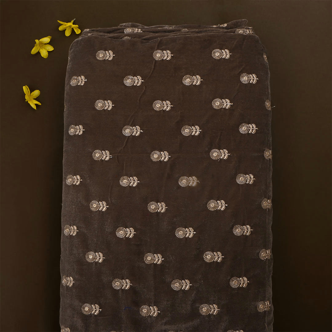 Wood Brown Velvet Zari Embroidered Fabric