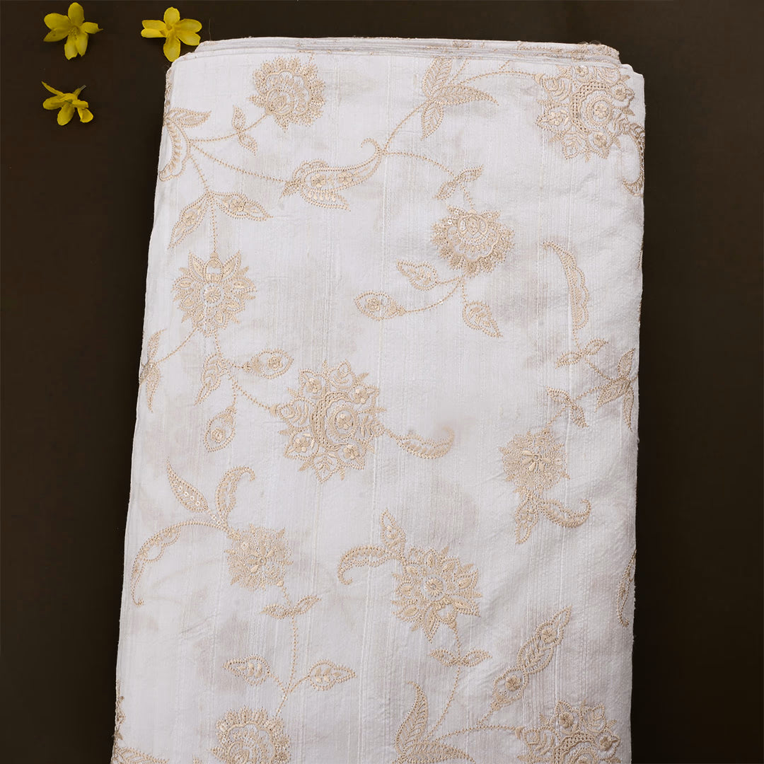 Paper White Dupion Raw Silk Embroidered Fabric