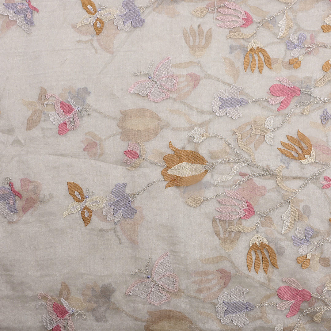 Light Silver Tissue Organza Embroidered Fabric