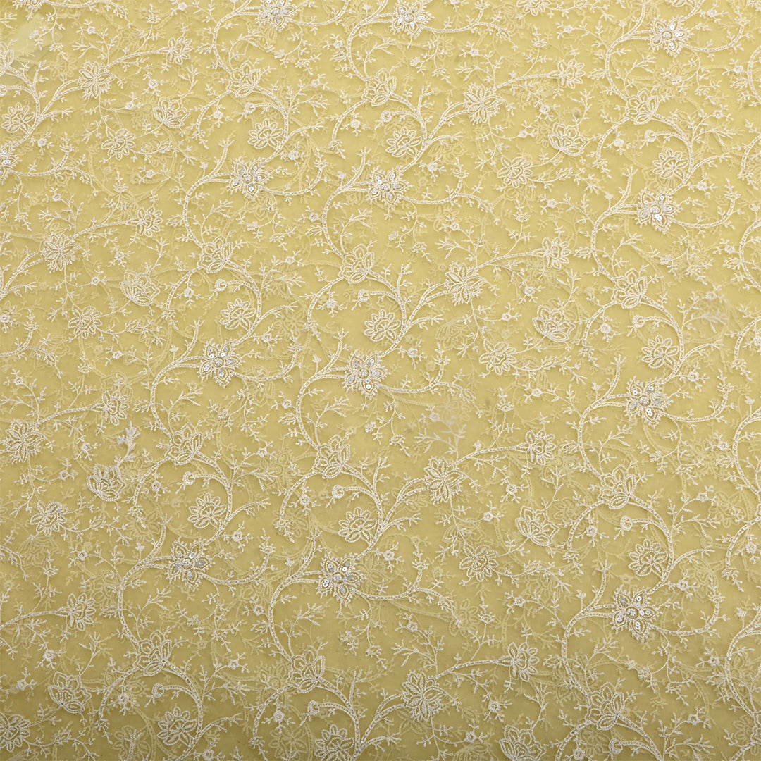 Tan Yellow Organza Embroidered Fabric
