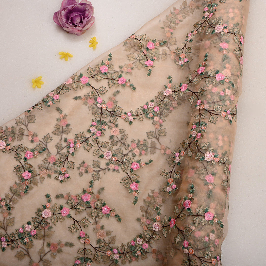 Dark Beige Organza Embroidered Fabric