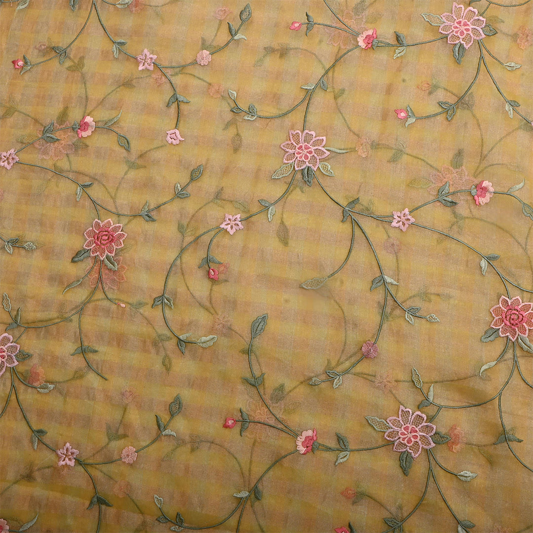 Trombone Yellow Tissue Embroidered Vine Fabric