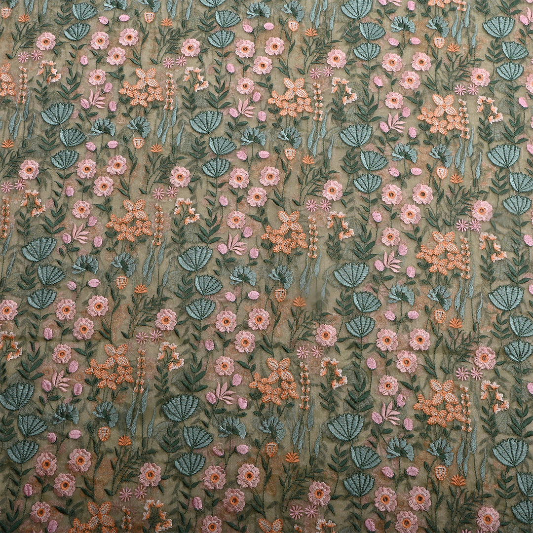 Donkey Brown Tissue Floral Embroidered Fabric