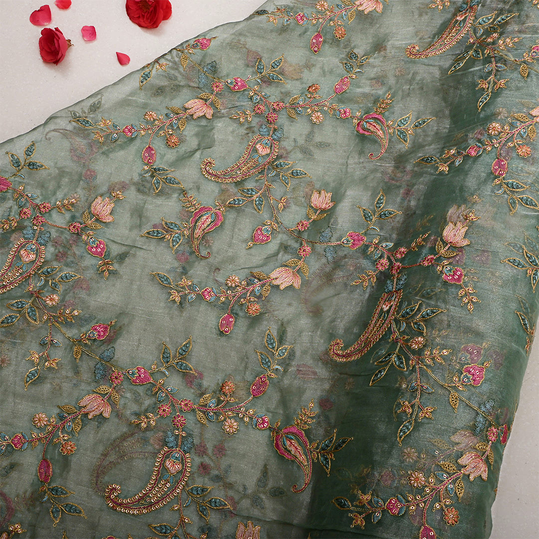 Turquoise Green Tissue Embroidered Fabric