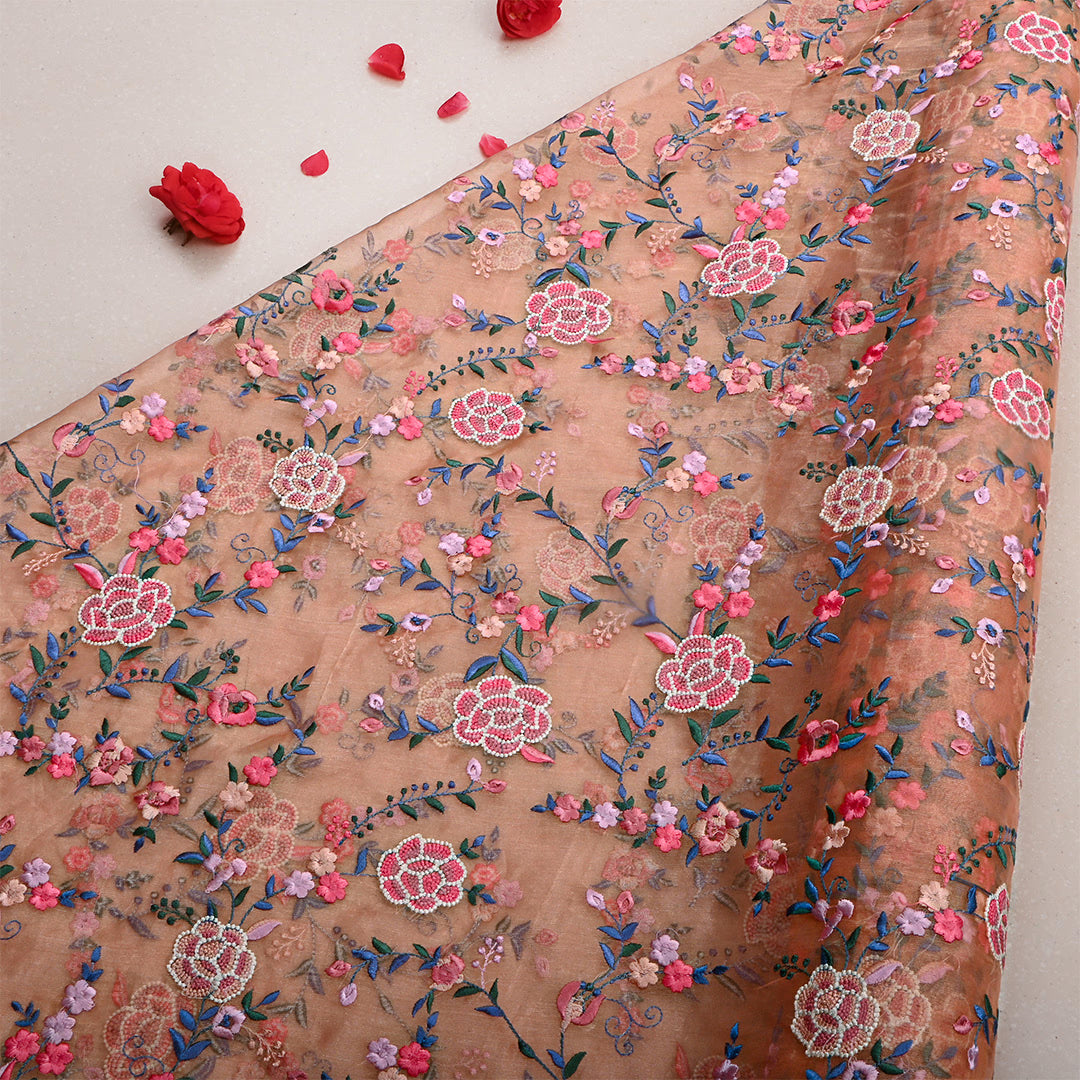 Dark Peach Tissue Floral Embroidered Fabric