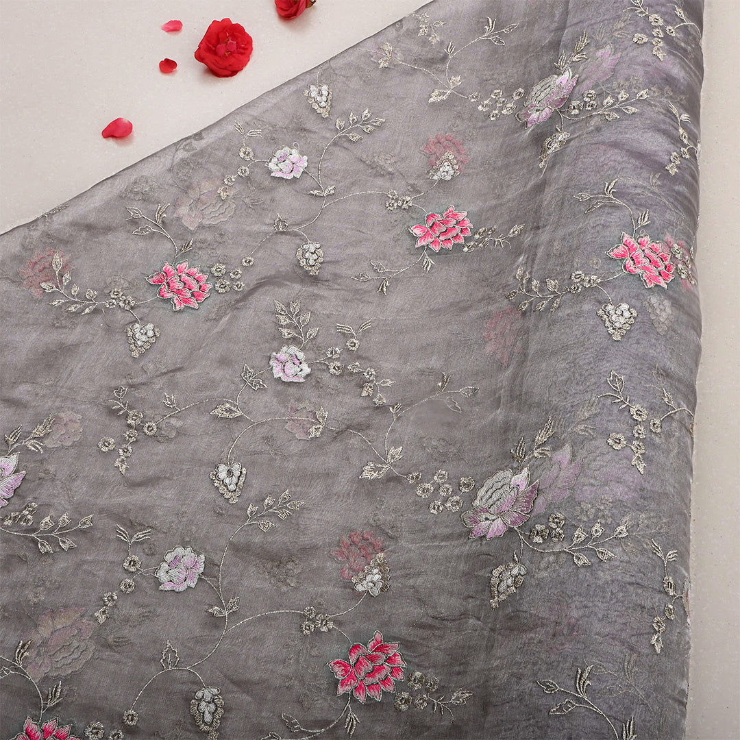 Glimmering Silver Tissue Embroidered Fabric