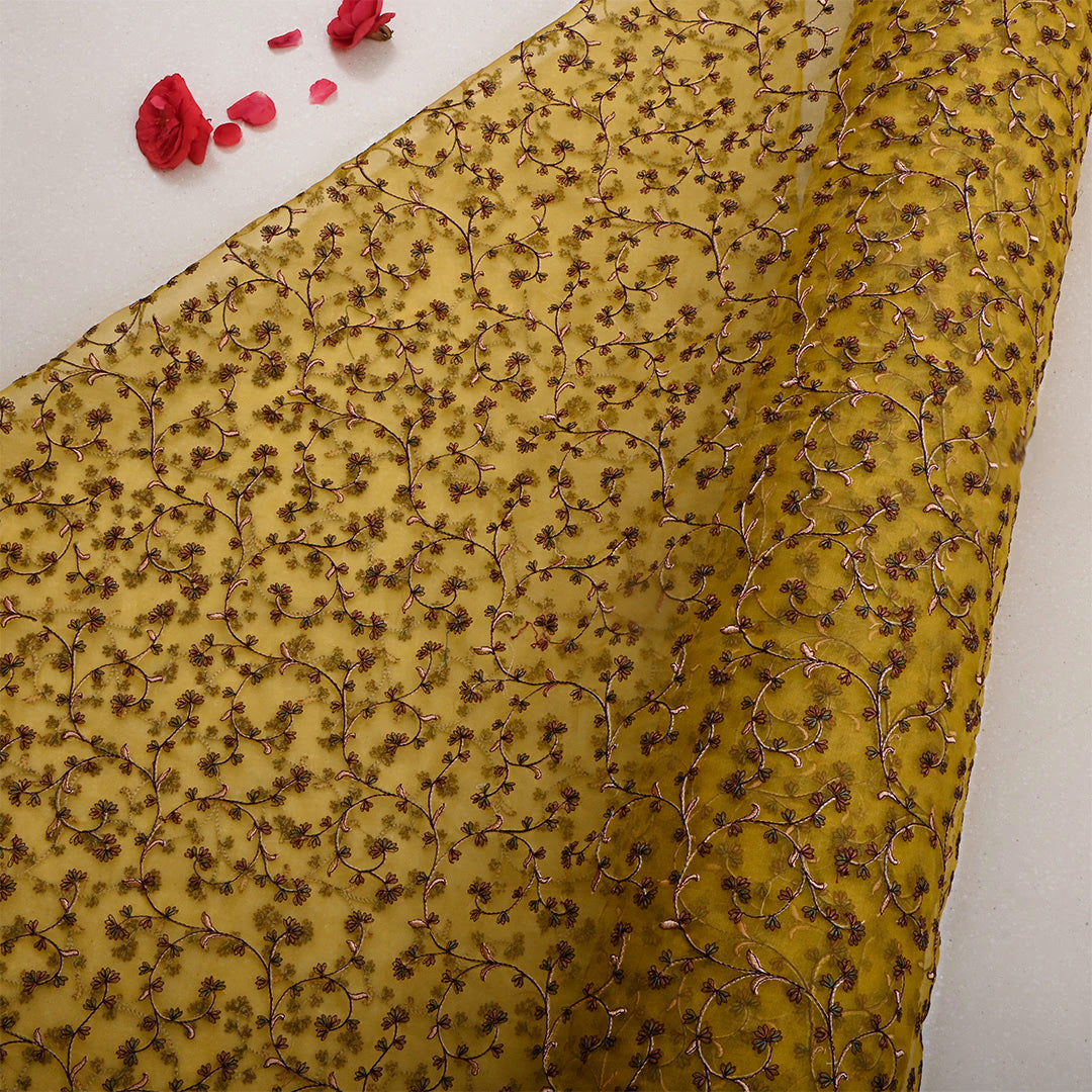 Old Yellow Organza Floral Jaal Thread Work Fabric