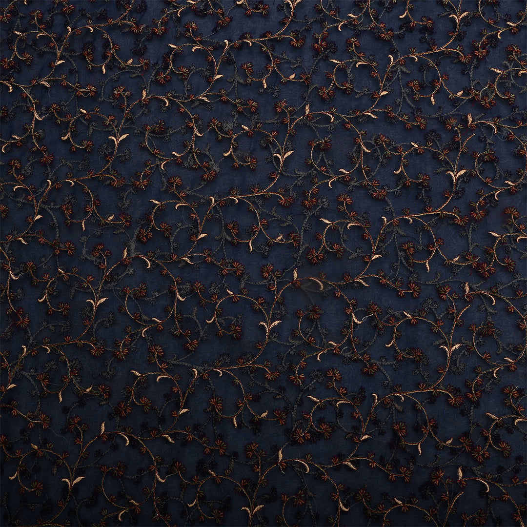 Dark Blue Gray Organza Thread Work Fabric