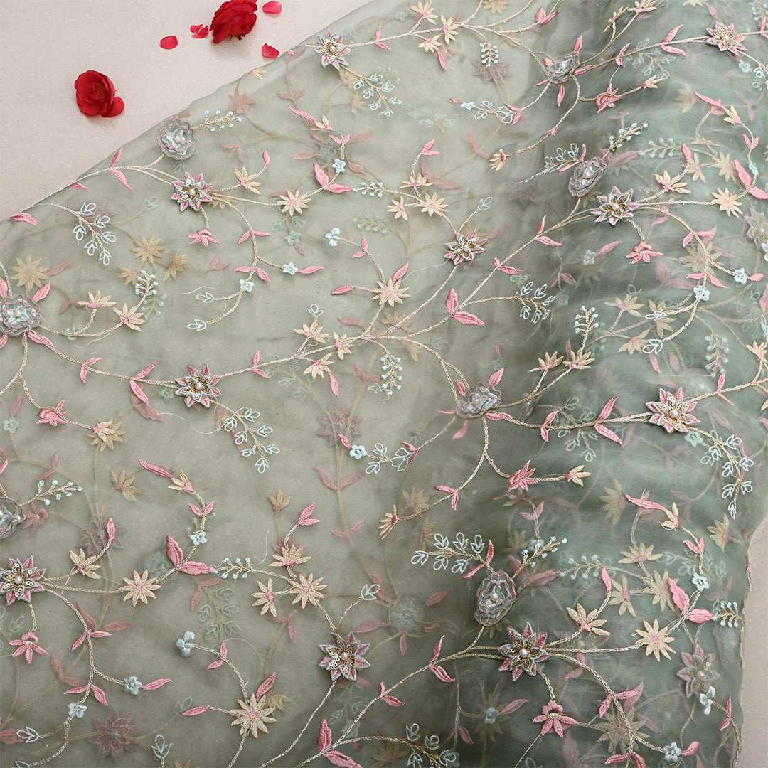 Lemon Gray Green Organza Embroidered Fabric