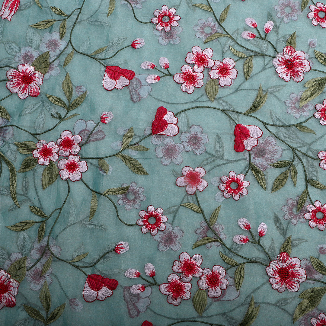 Beetle Green Tissue Embroidered Fabric