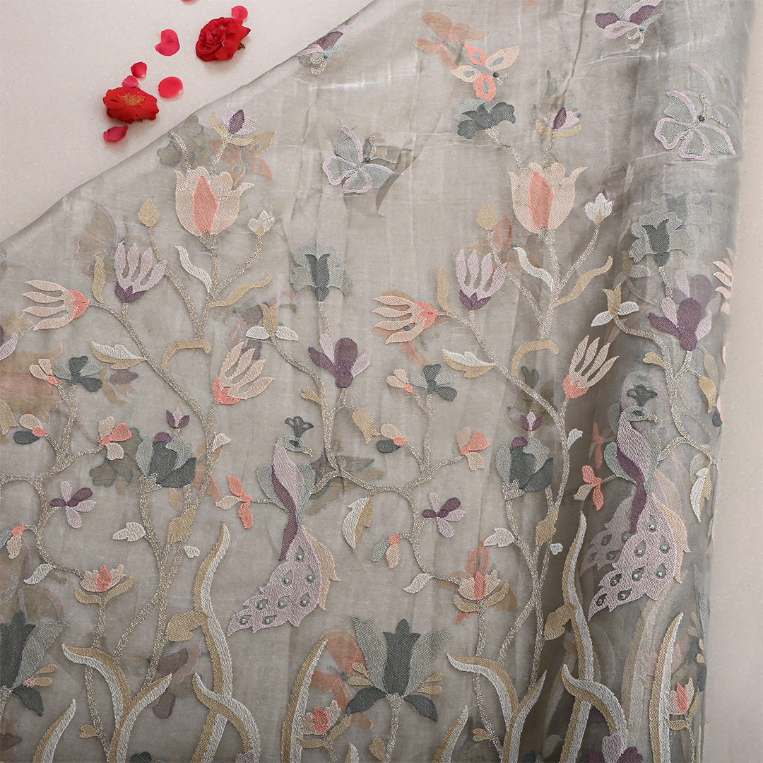 Silver Tissue Embroidered Fabric