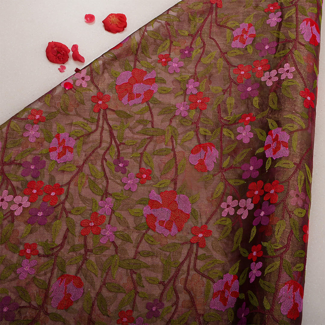 Brown Tissue Embroidered Fabric