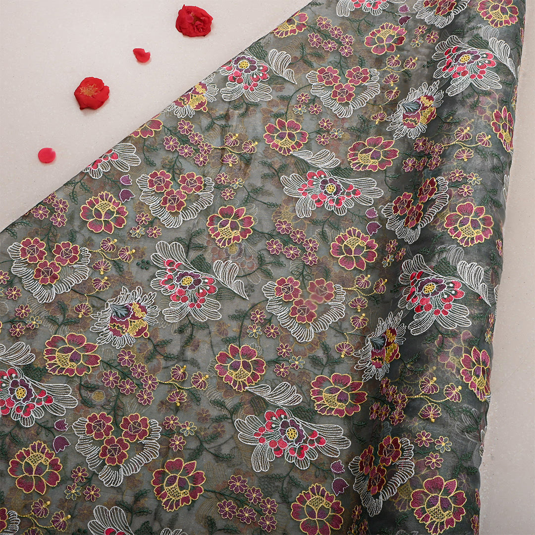 Light Gray Green Tissue Embroidered Fabric