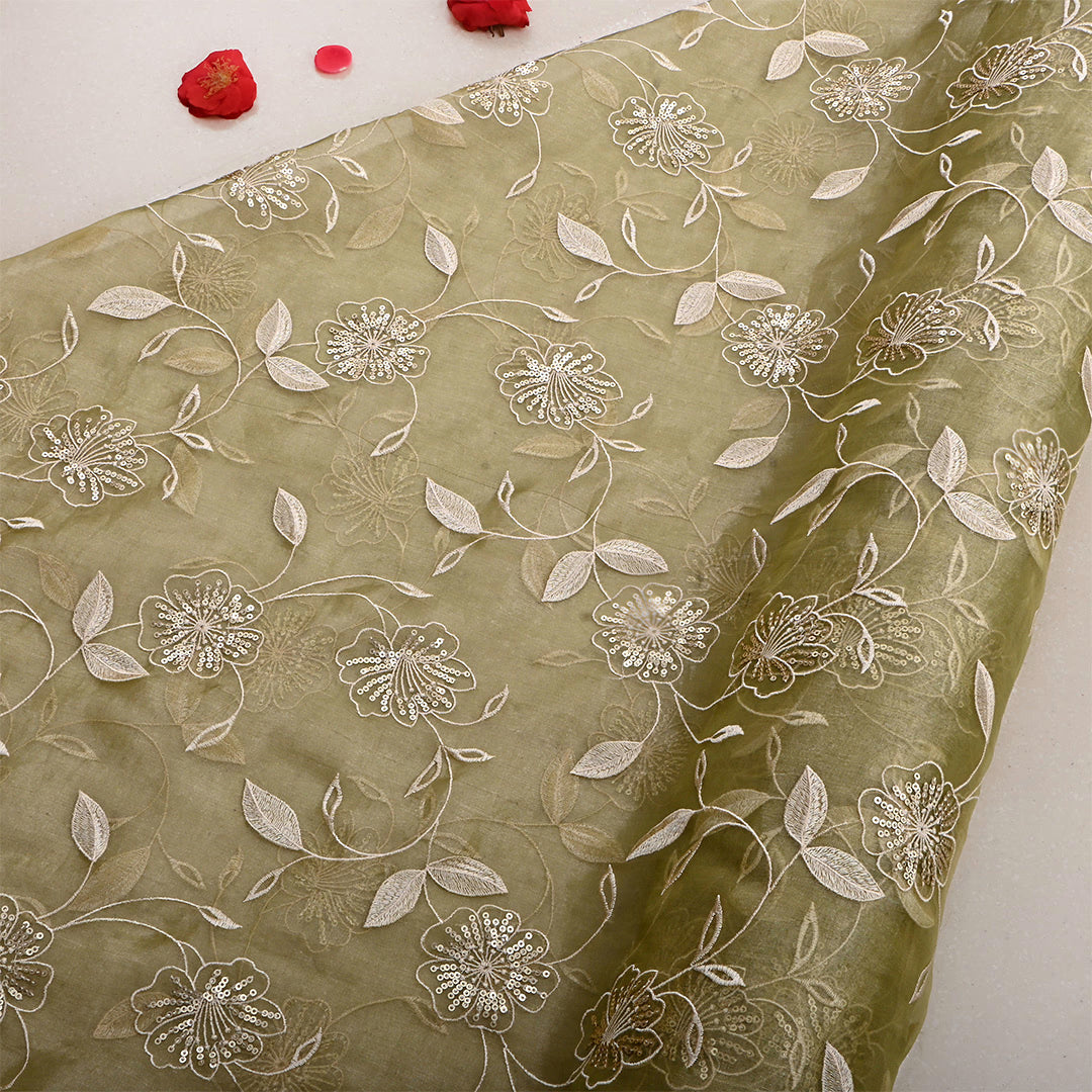 Light Moss Green Tissue Embroidered Fabric