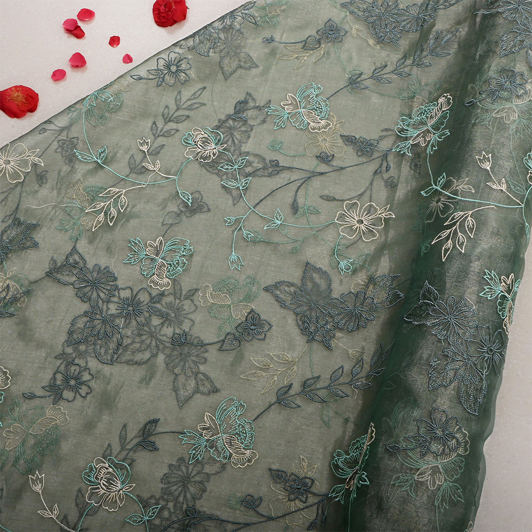 Storm Dust Green Tissue Embroidered Fabric