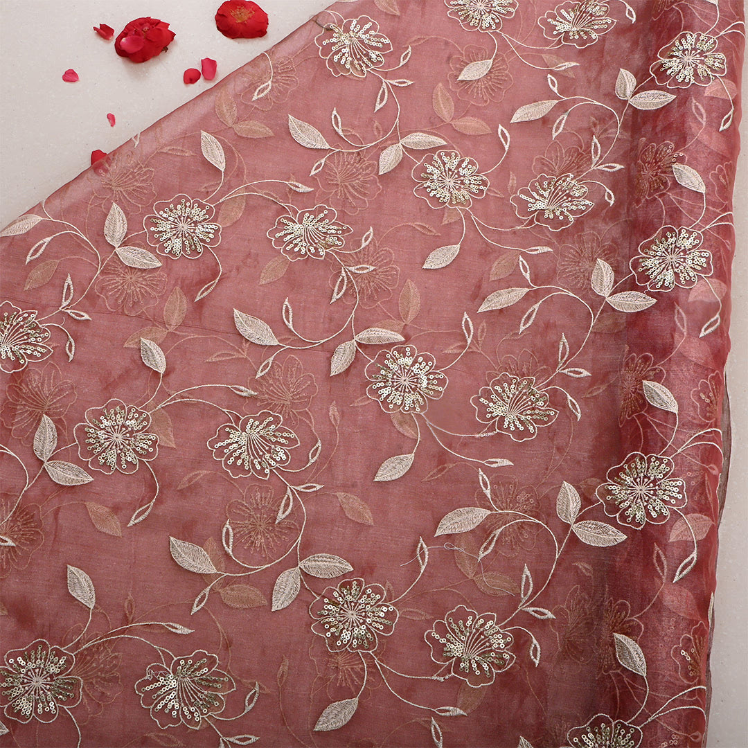 Wine Red Tissue Embroidered Fabric