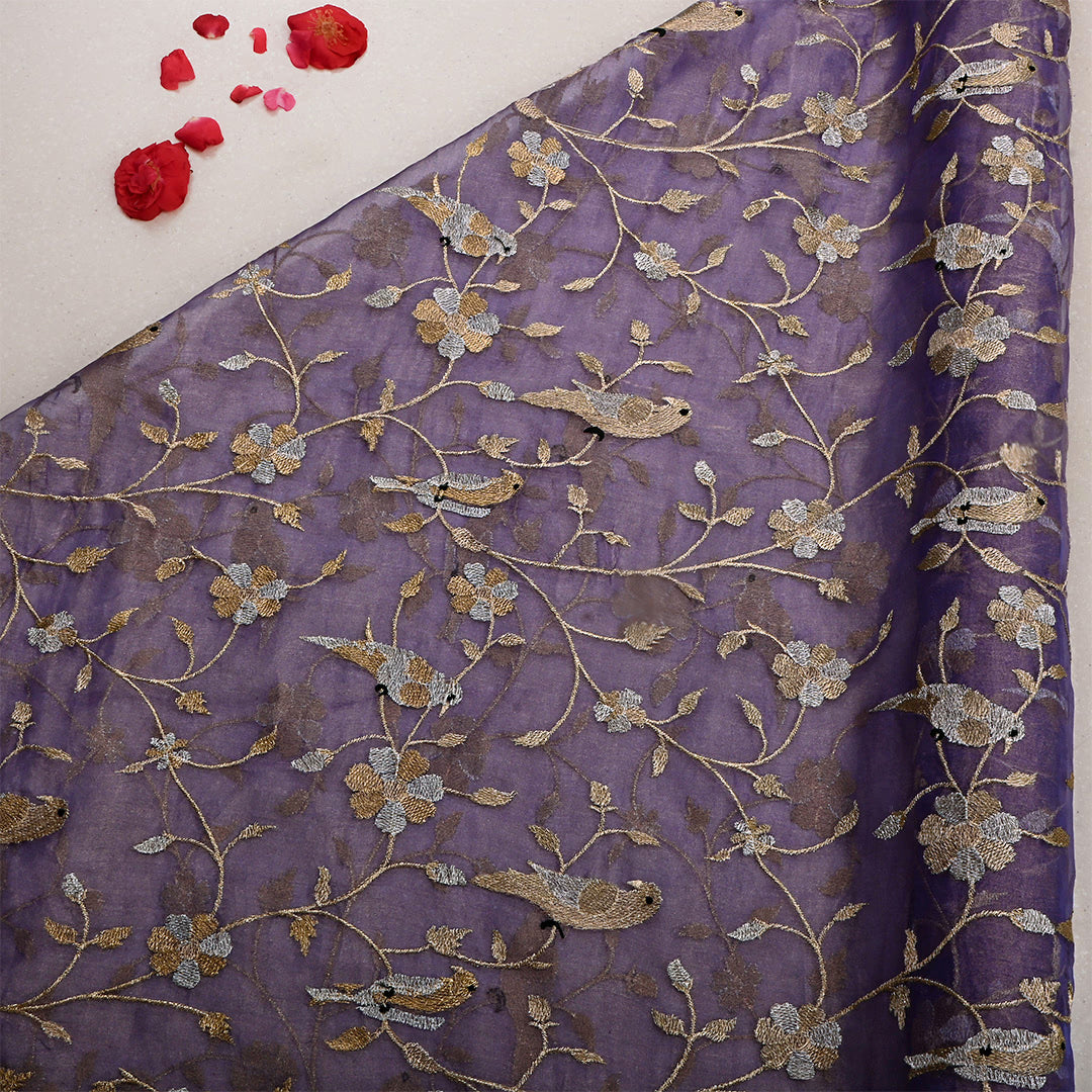 Mauve Purple Tissue Organza Embroidered Vine Fabric