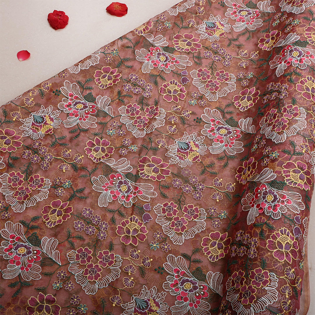 Metallic Copper Tissue Embroidered Fabric