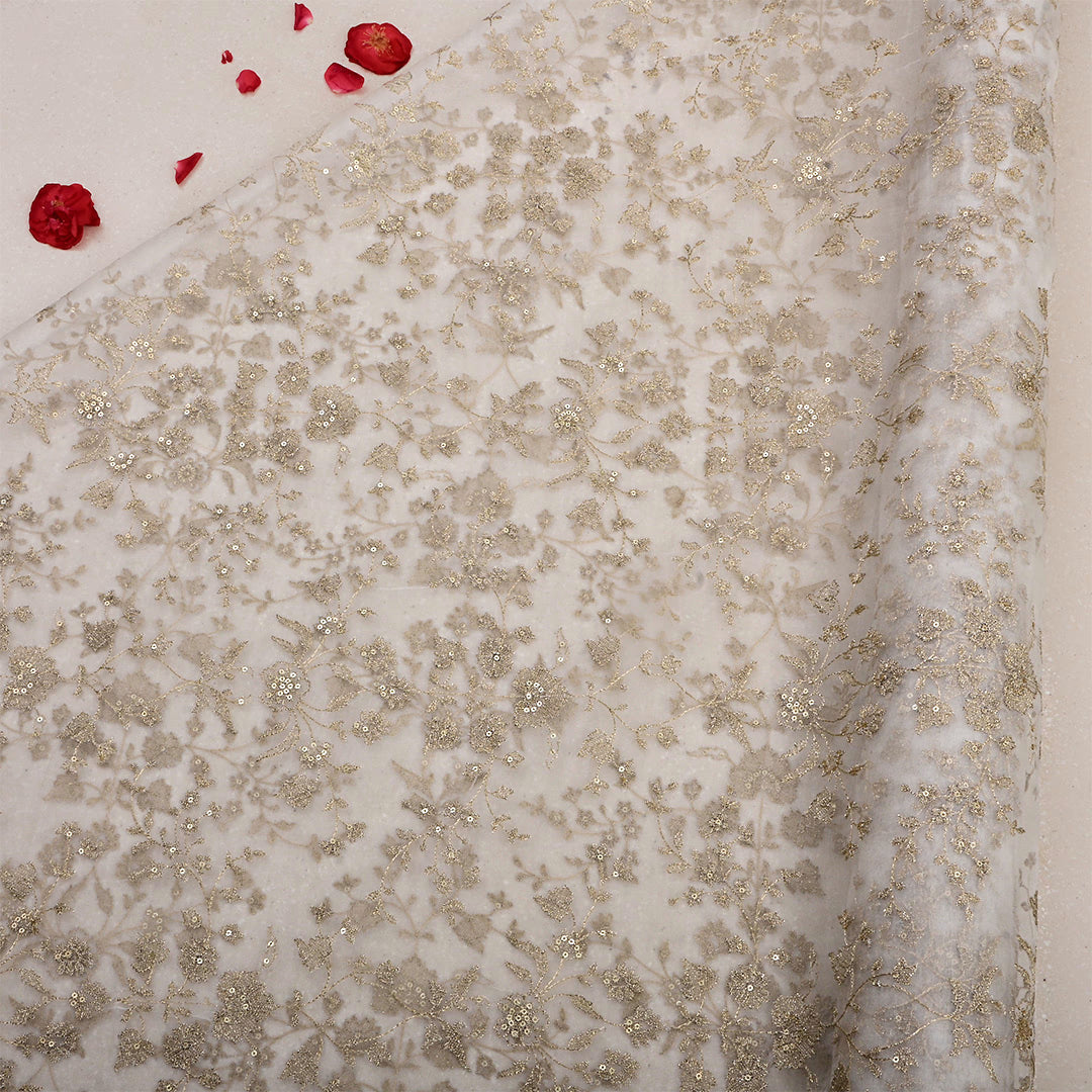 Off White Organza Zari Embroidered Fabric