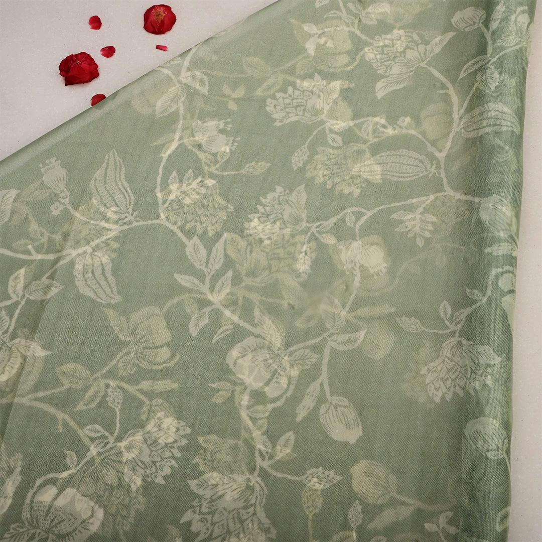 Lemon Grass Green Organza Floral Printed Fabric