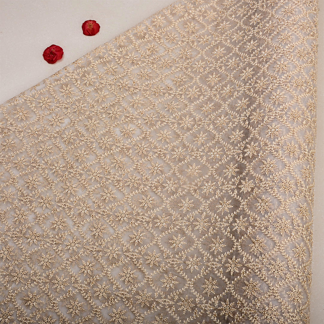 Antique White Beige Organza Thread Work Fabric