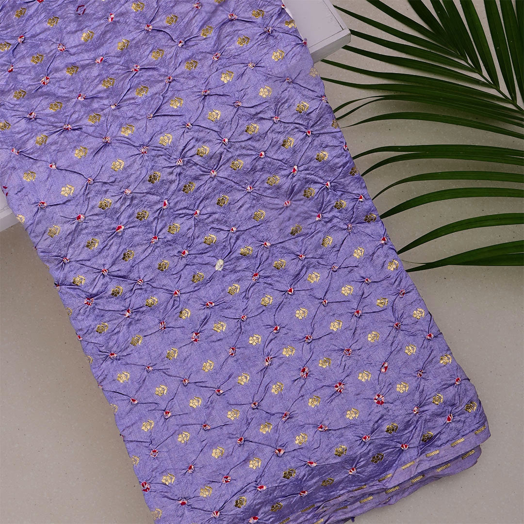 Dark Lavender Silk Bandhani Fabric With Floral Motifs