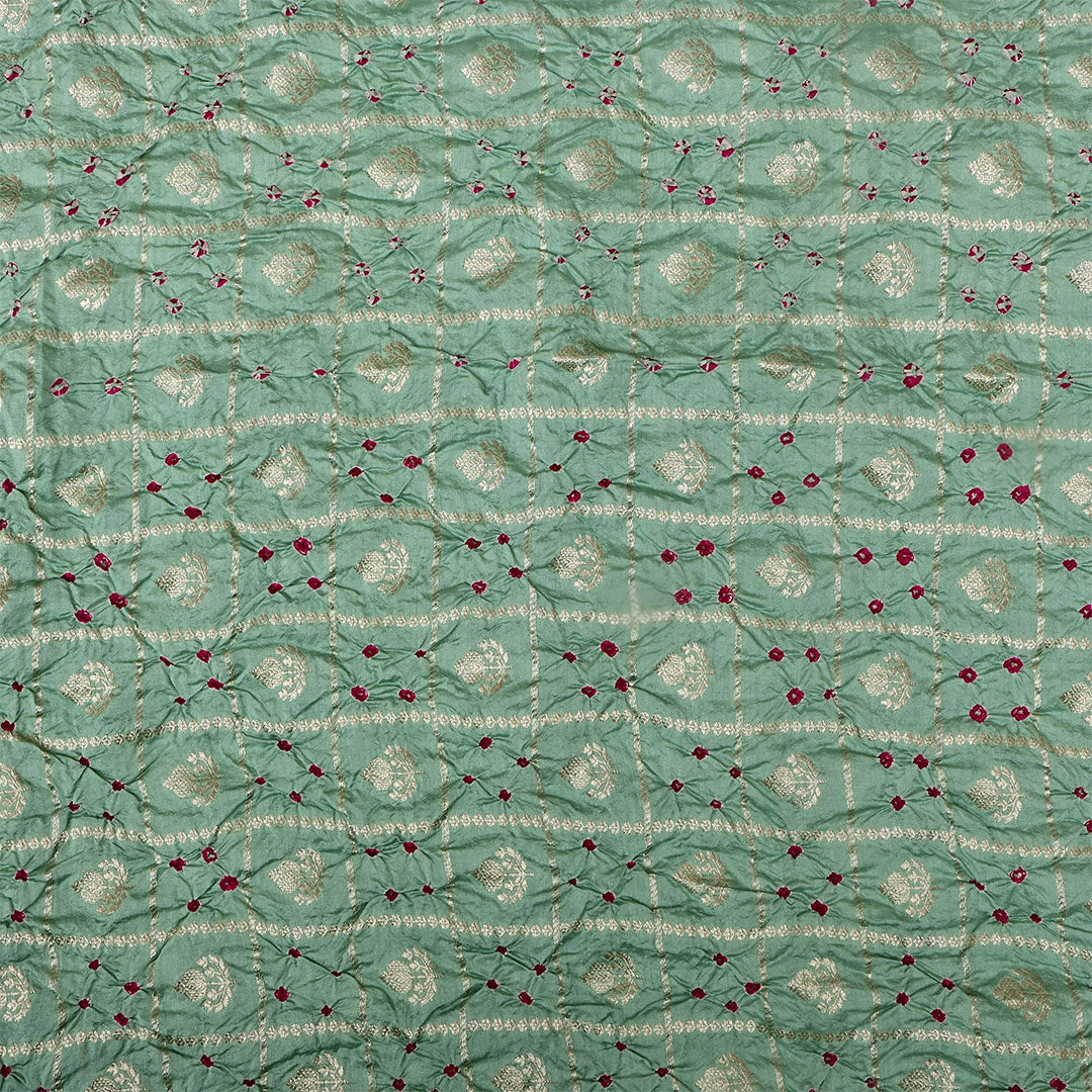 Viridian Green Silk Bandhani Fabric With Checks Patterns
