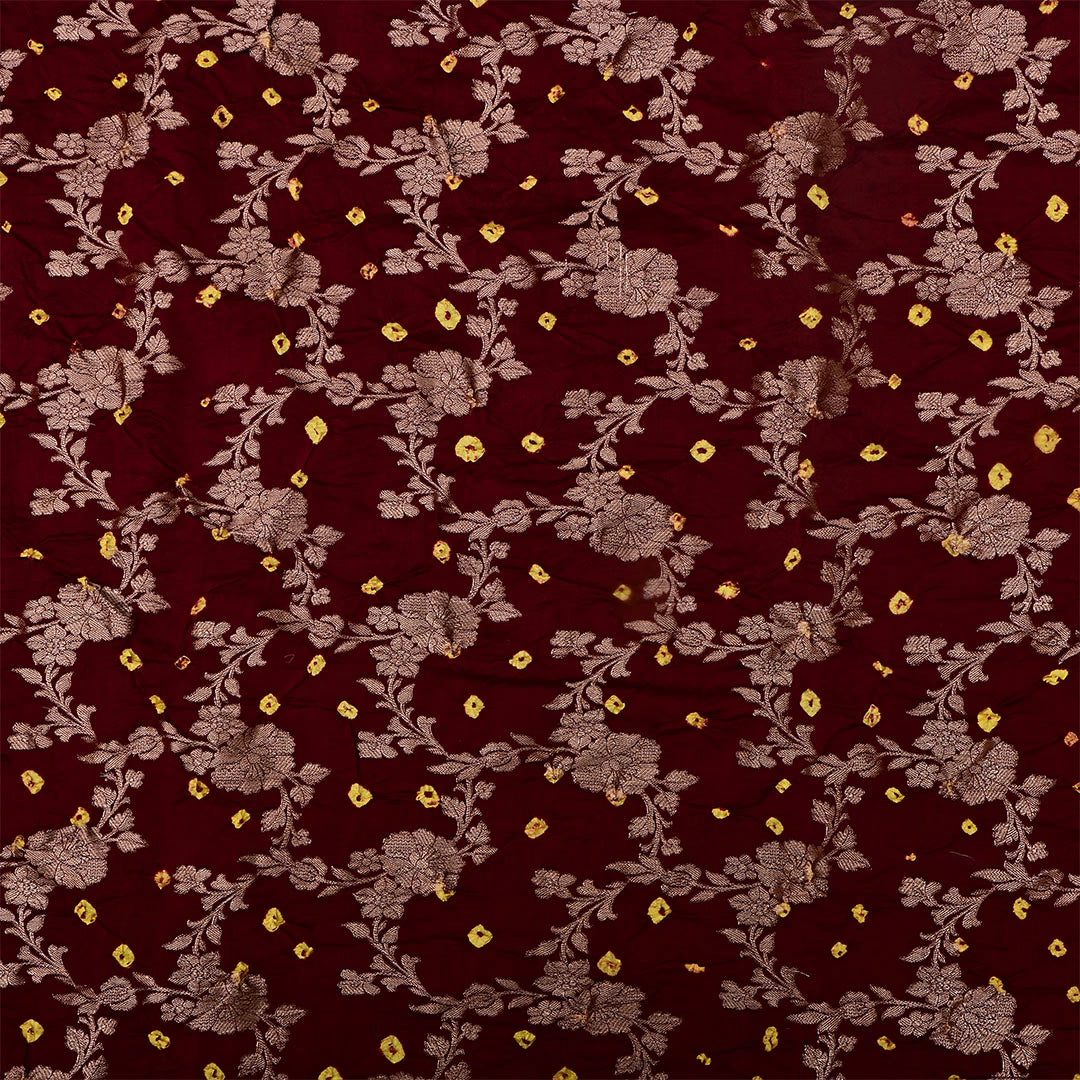 Sepia Black Silk Bandhani Fabric With Jaal Design