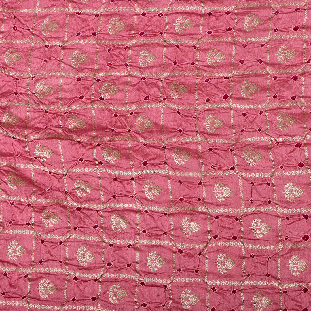 Dark Rose Pink Silk Bandhani Fabric With Checks Pattern