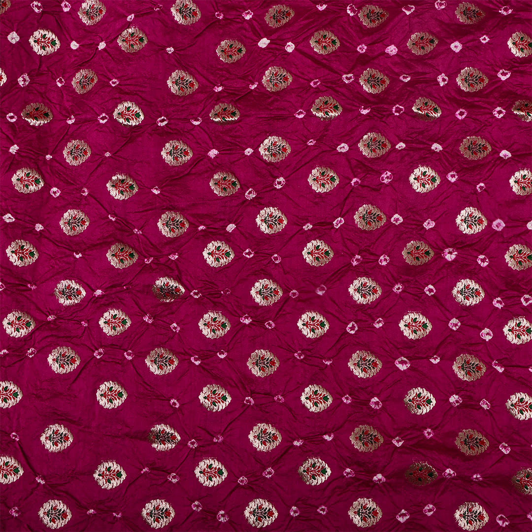 Magenta Rose Silk Bandhani Fabric With Motifs