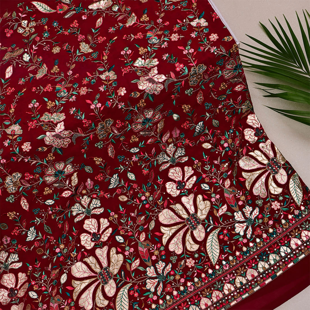 Claret Red Georgette Embroidered Fabric
